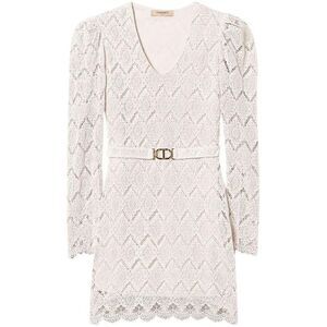 TWIN-SET Elegant Lace V-Neck Belted Dress Women Beige Dresses